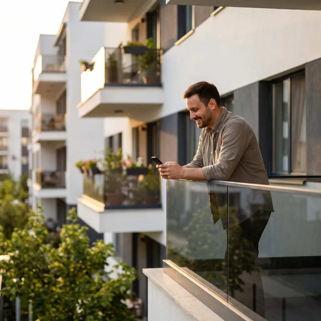 Proprietar zâmbind în timp ce verifică pe telefon chiriile încasate, pe balconul unui bloc nou