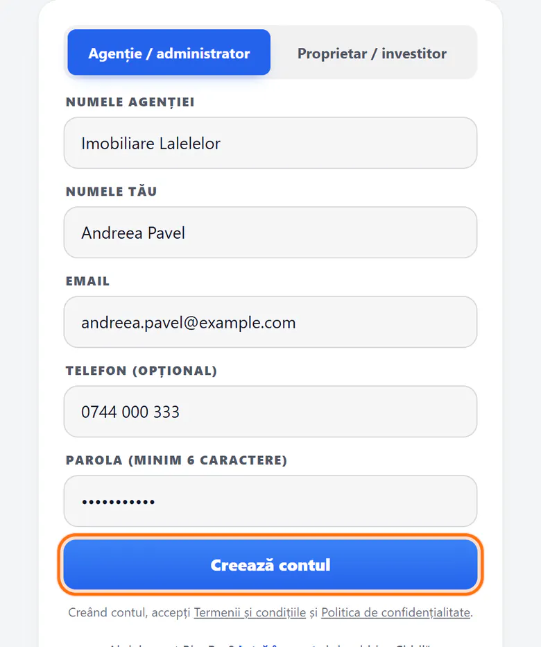 Formularul BlocPay Chirii: tipul de portofoliu, numele agenției, numele, emailul, telefonul și parola, cu butonul „Creează contul” evidențiat