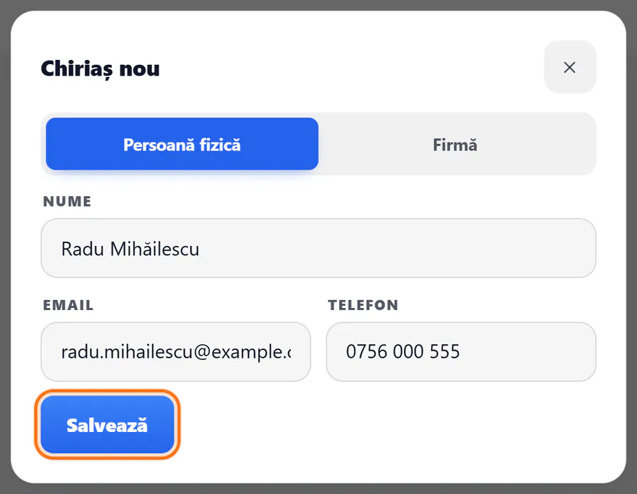 Fereastra „Chiriaș nou” cu numele, emailul și telefonul chiriașului și butonul „Salvează” evidențiat