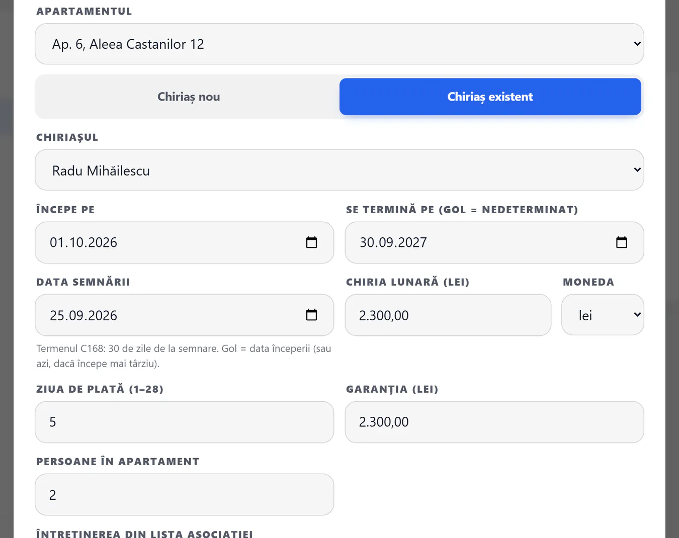 Formularul „Contract nou”: apartamentul, chiriașul existent, perioada, data semnării, chiria, ziua de plată, garanția și persoanele