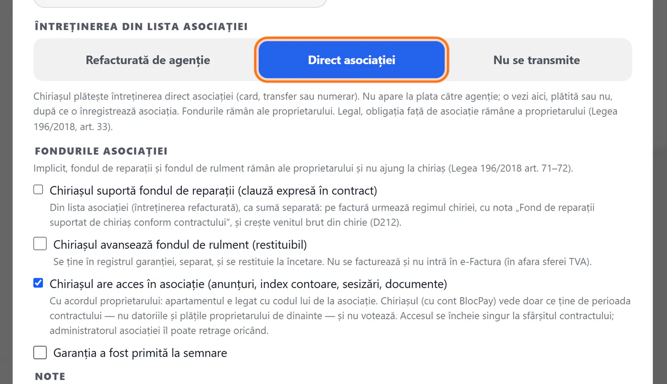 Opțiunile pentru întreținere în contract, cu „Direct asociației” evidențiat, fondurile asociației și accesul chiriașului în asociație bifat