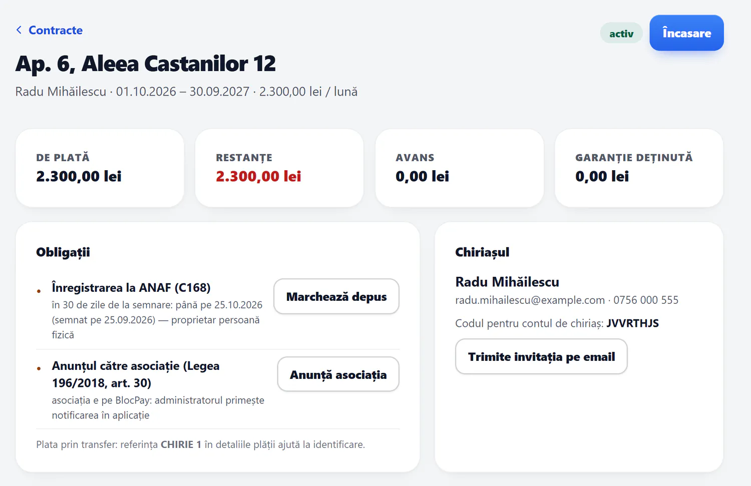 Pagina contractului: sumele de plată, obligațiile (C168 și anunțul către asociație) și codul pentru contul de chiriaș