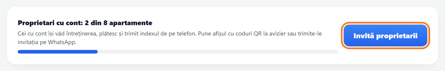 Cardul „Proprietari cu cont: 2 din 8 apartamente” de pe panou, cu butonul „Invită proprietarii” evidențiat