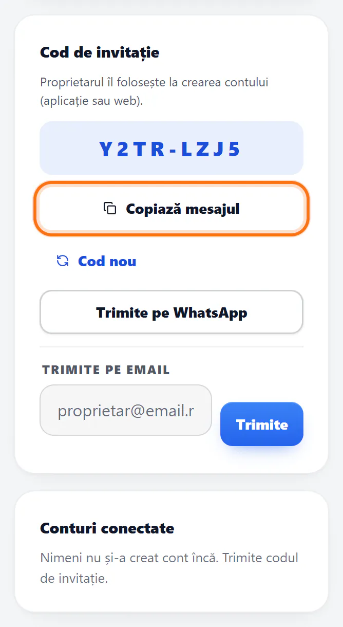 Cardul „Cod de invitație” cu butonul „Copiază mesajul” evidențiat și cardul „Conturi conectate” încă gol