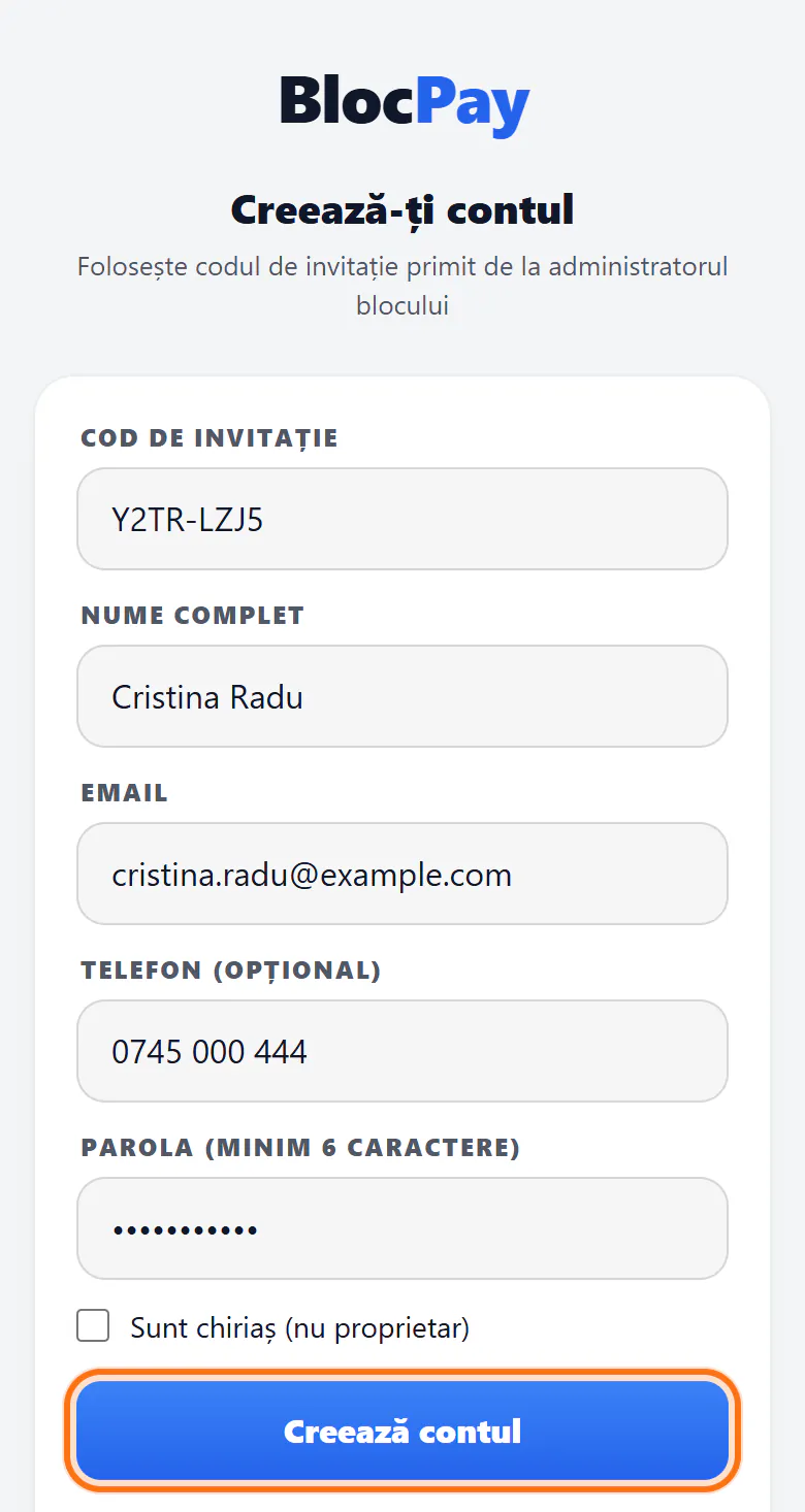 Pe telefon: formularul „Creează-ți contul” cu codul de invitație, numele, emailul și parola, și butonul „Creează contul” evidențiat