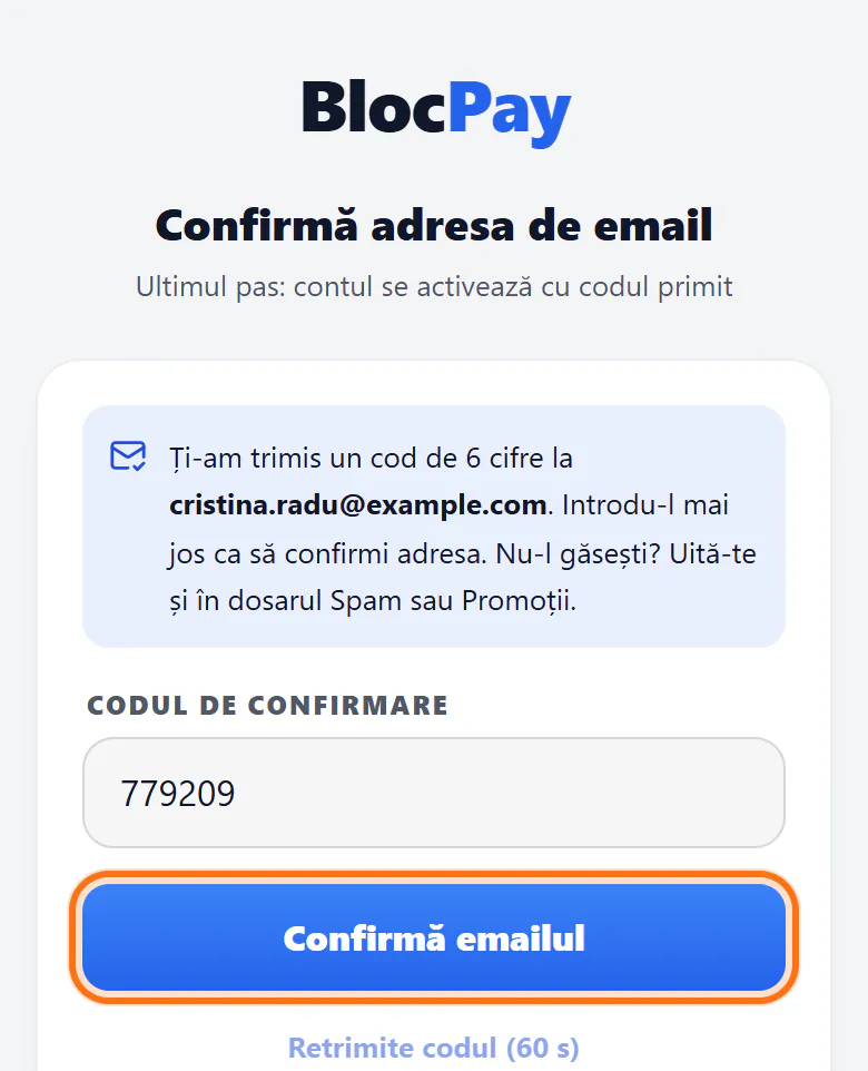 Pe telefon: ecranul „Confirmă adresa de email” cu butonul „Confirmă emailul” evidențiat