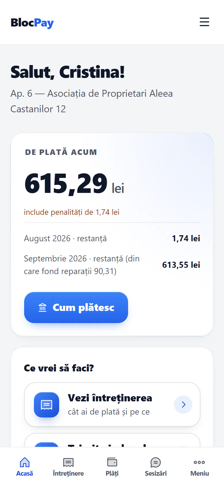 Pe telefon: pagina „Acasă” a proprietarului, cu suma de plată pe luni și butonul „Cum plătesc”